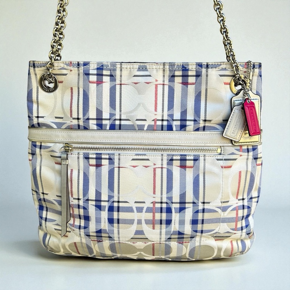 COACH Poppy Tartan Plaid Sig C Navy & Beige Chain Shoulder Crossbody Two-way Bag